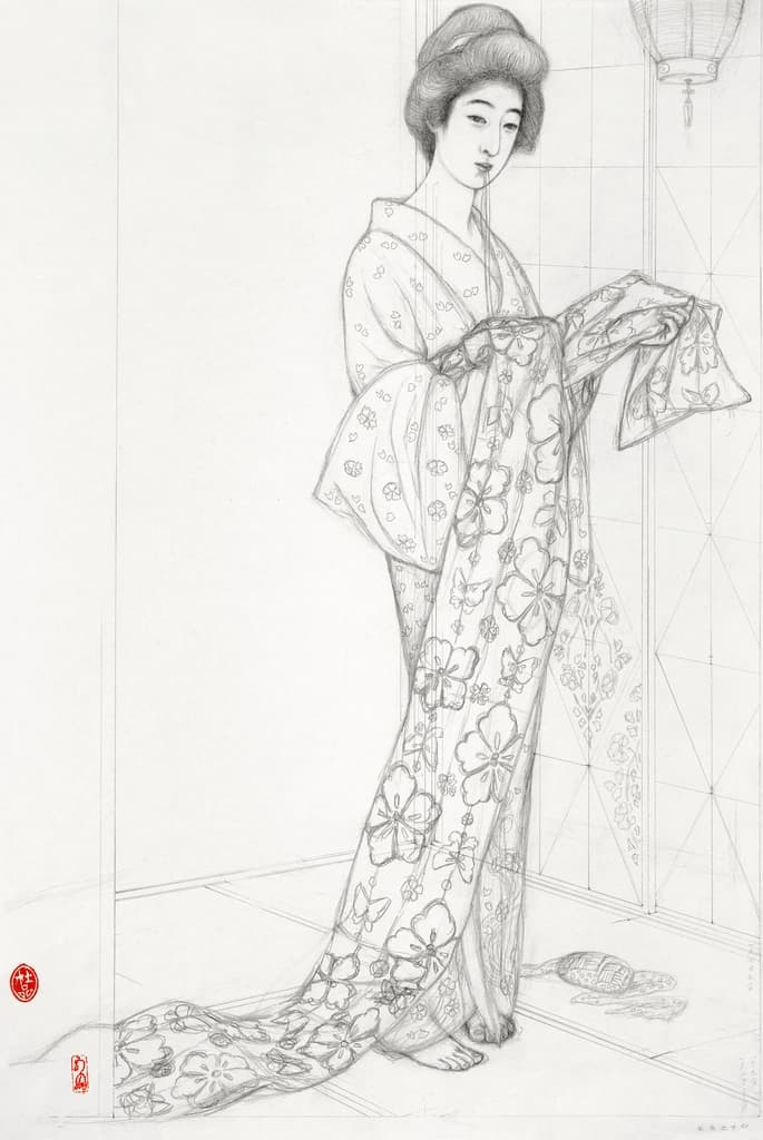 Estampe d'une jeune femme portant un kimono d'été