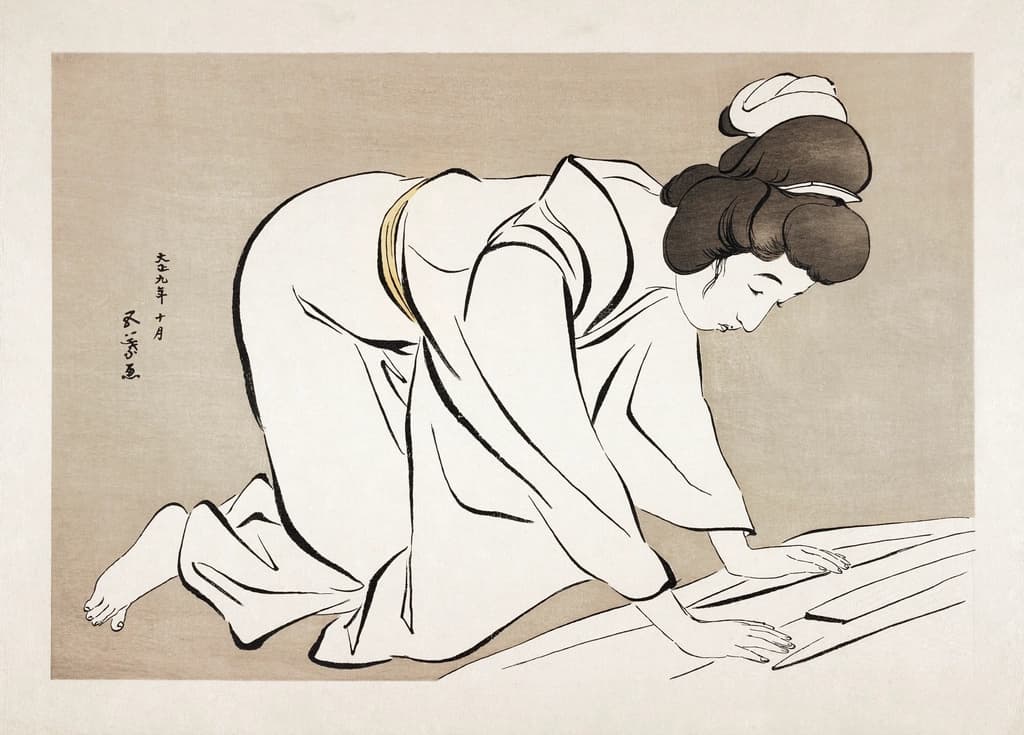 Estampe d'une femme pliant un kimono à plat