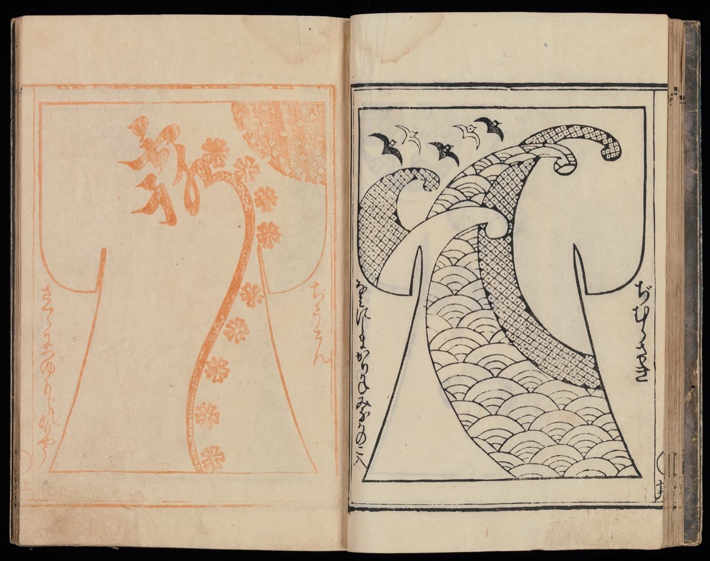 Planche d'un livre de patrons de kosode, dessins de motifs à l'encre